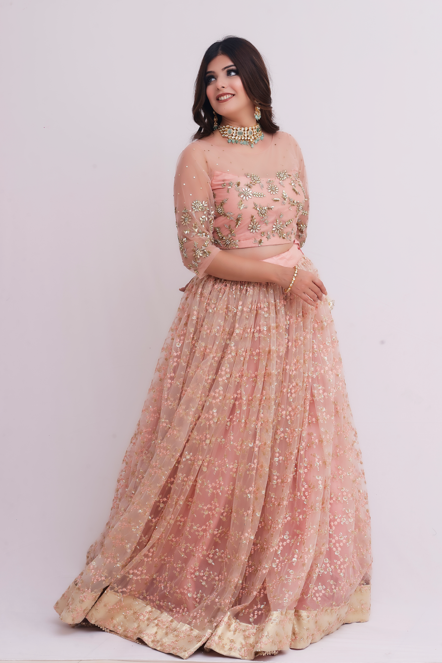 Hand Embroidered Peach Lehenga Set