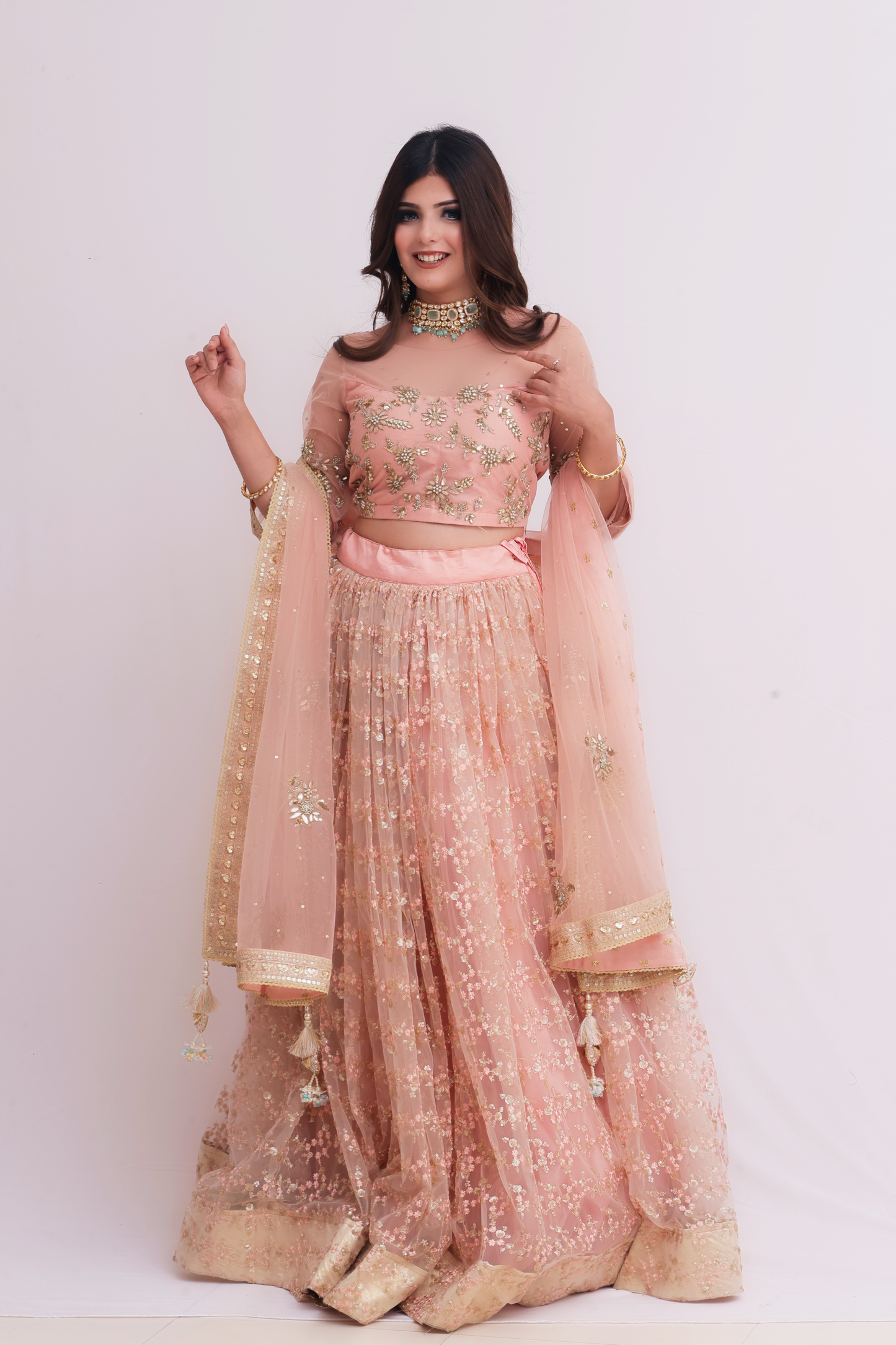 Hand Embroidered Peach Lehenga Set