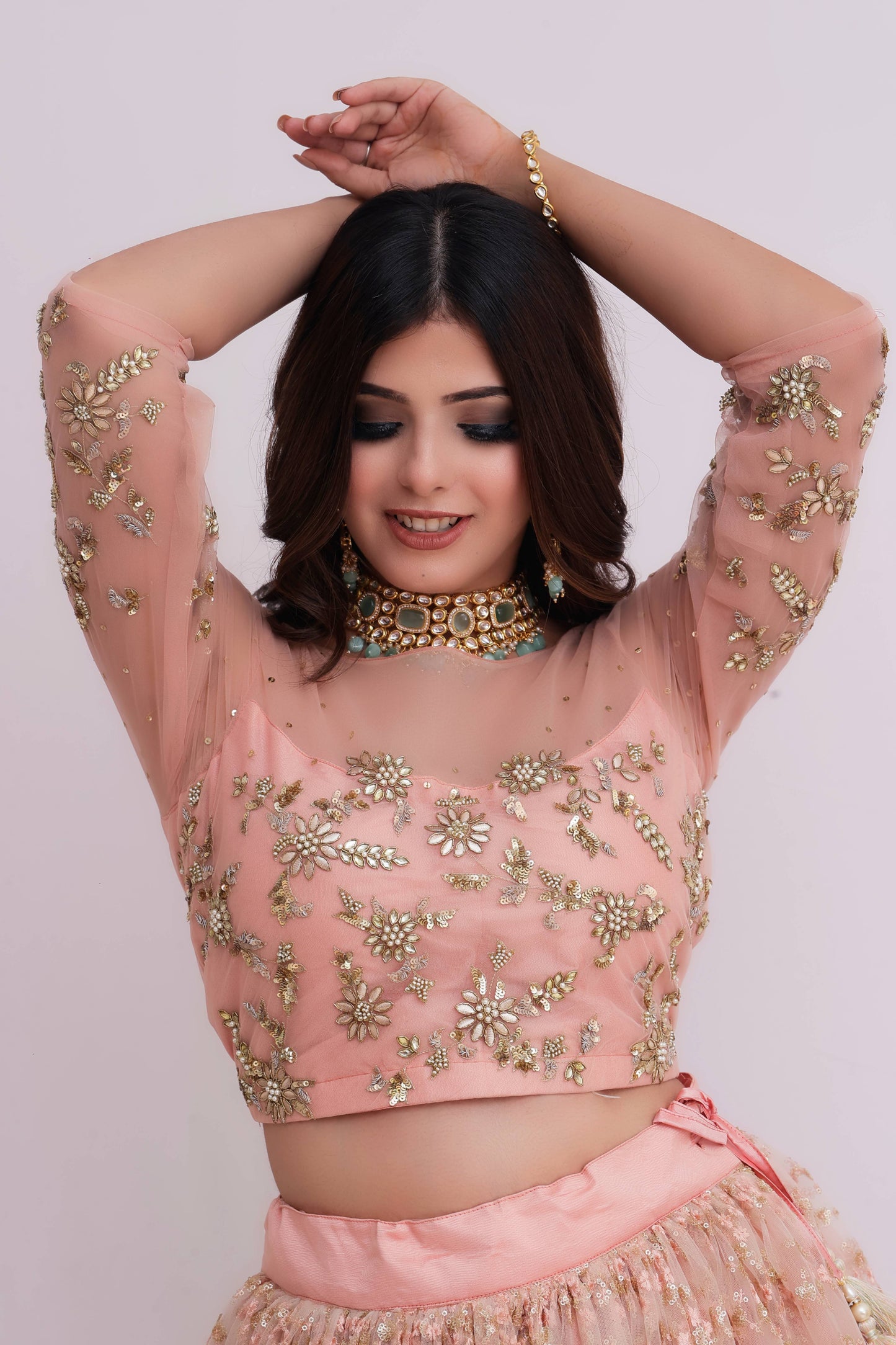 Hand Embroidered Peach Lehenga Set