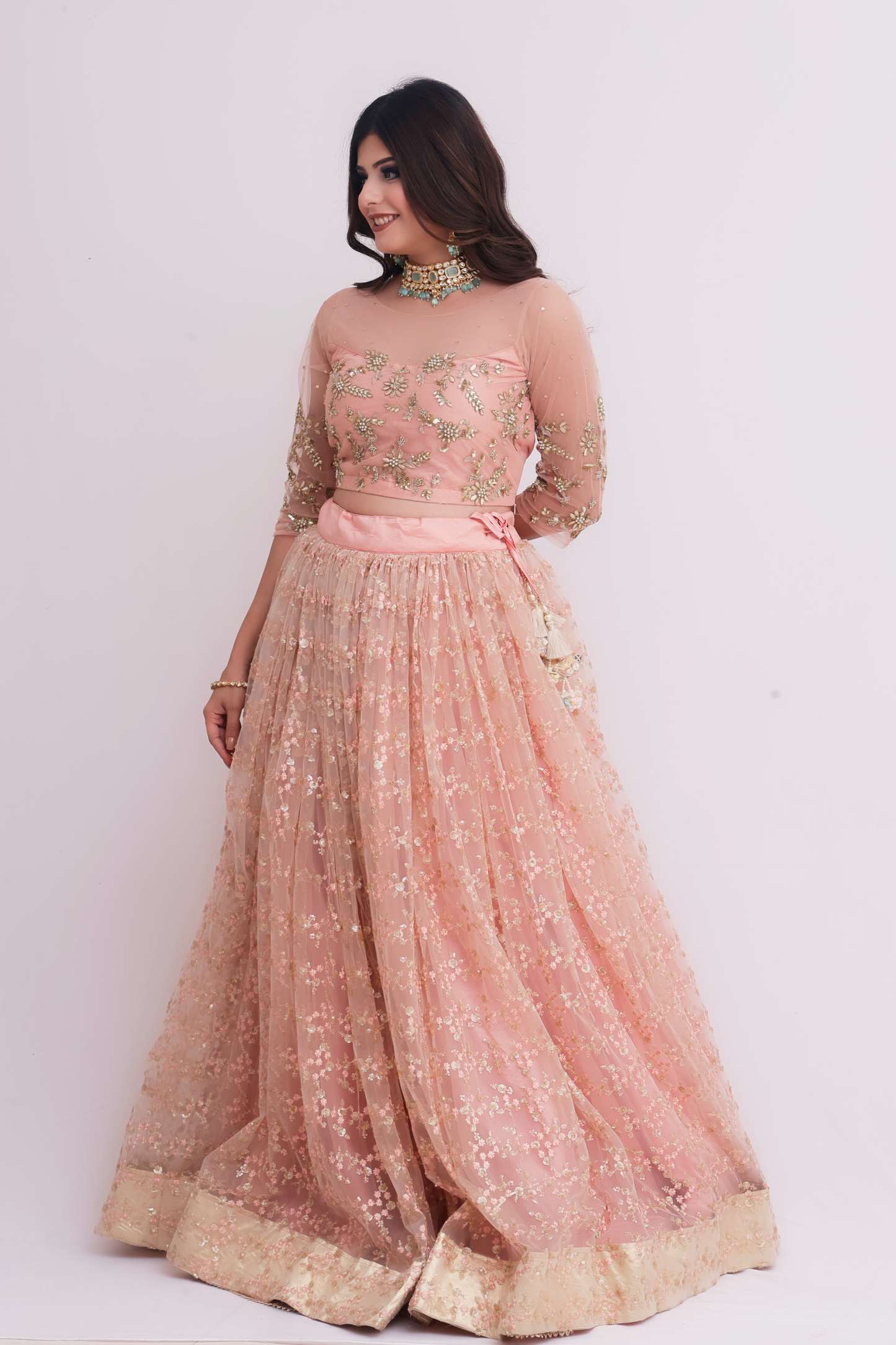 Hand Embroidered Peach Lehenga Set