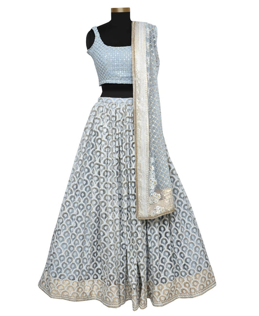 Gray Embroidered Lehenga & Blouse with Gray Tissue Finished Dupatta