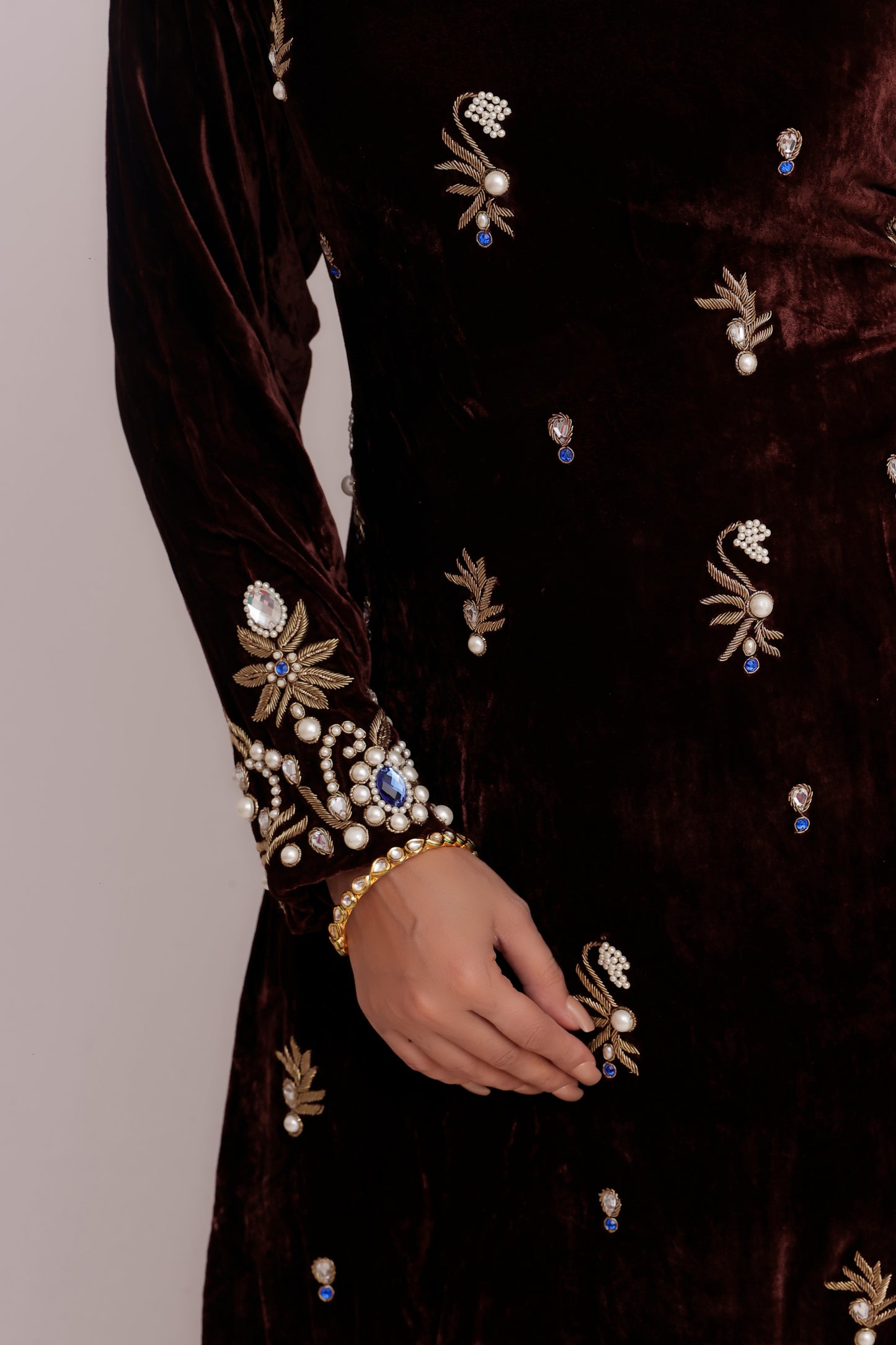 Hand Embroidered Chocolate Brown Velvet Suit Set