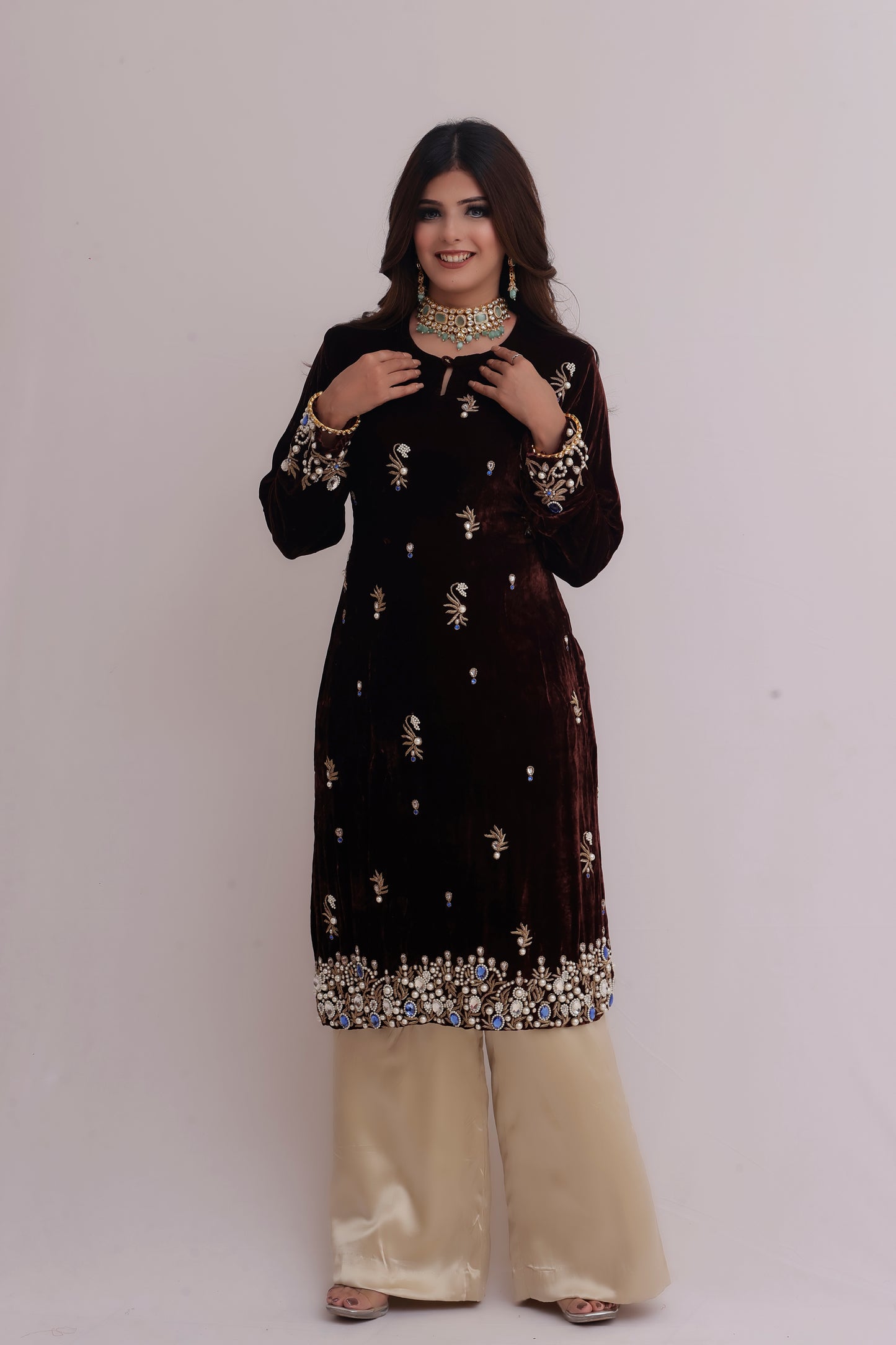 Hand Embroidered Chocolate Brown Velvet Suit Set