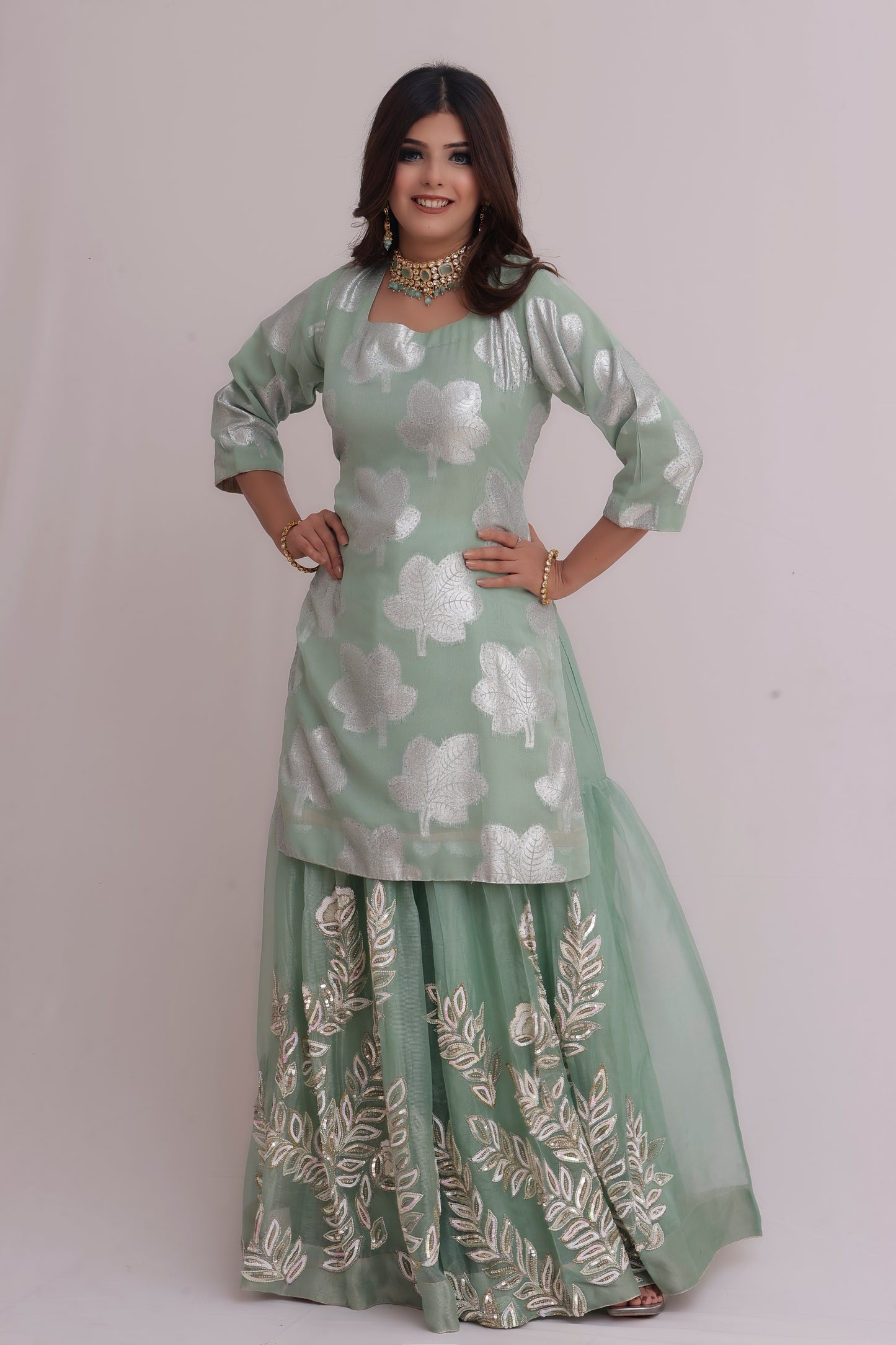 Hand Embroidered Sea Green Sharara Suit Set Breatheenmoda