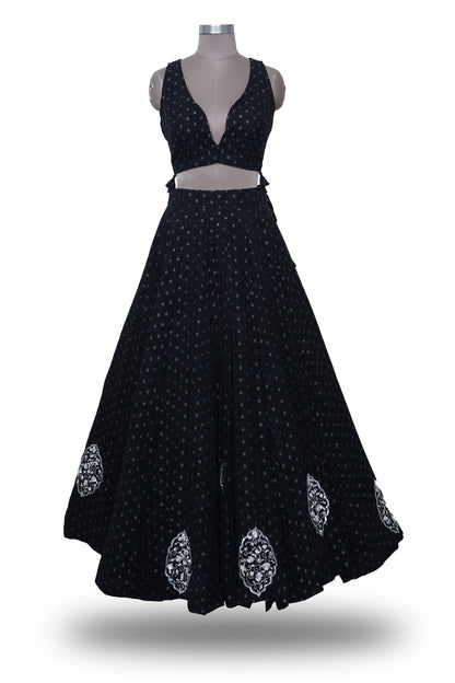 Black Hand-Embroidered Lehenga with Pearl Sequins and Silver Dapka Work