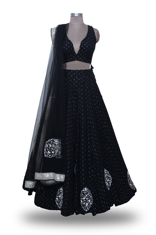 Opulent Elegance: Black Hand-Embroidered Lehenga with Pearl Sequins and Silver Dapka Work