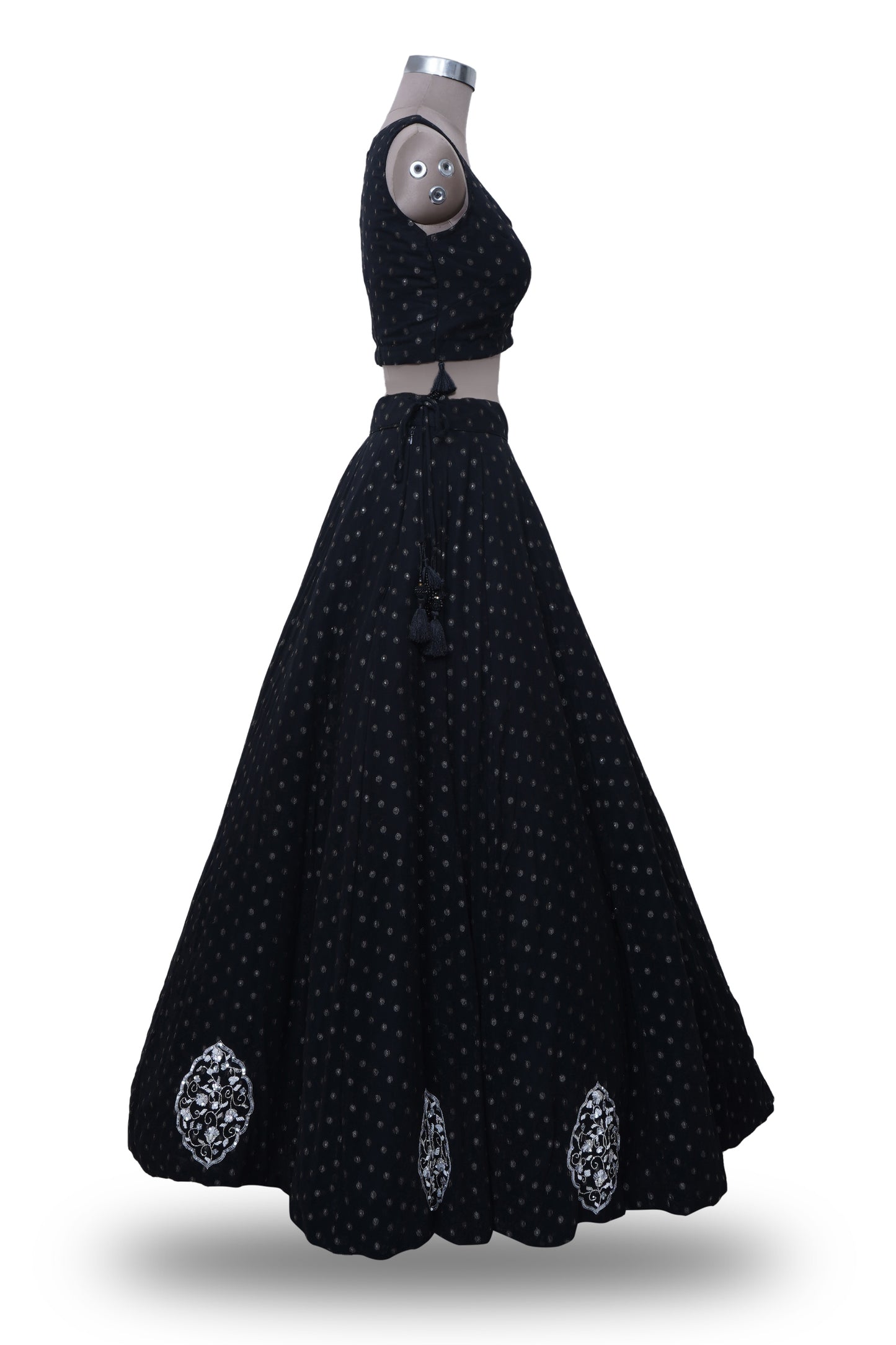 Opulent Elegance: Black Hand-Embroidered Lehenga with Pearl Sequins and Silver Dapka Work