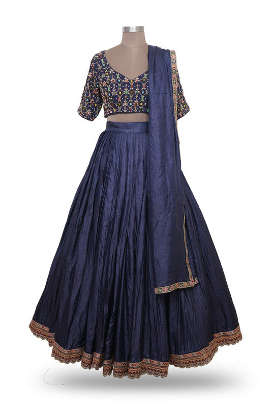 Blue Silk Lehenga with Hand Embroided Blouse
