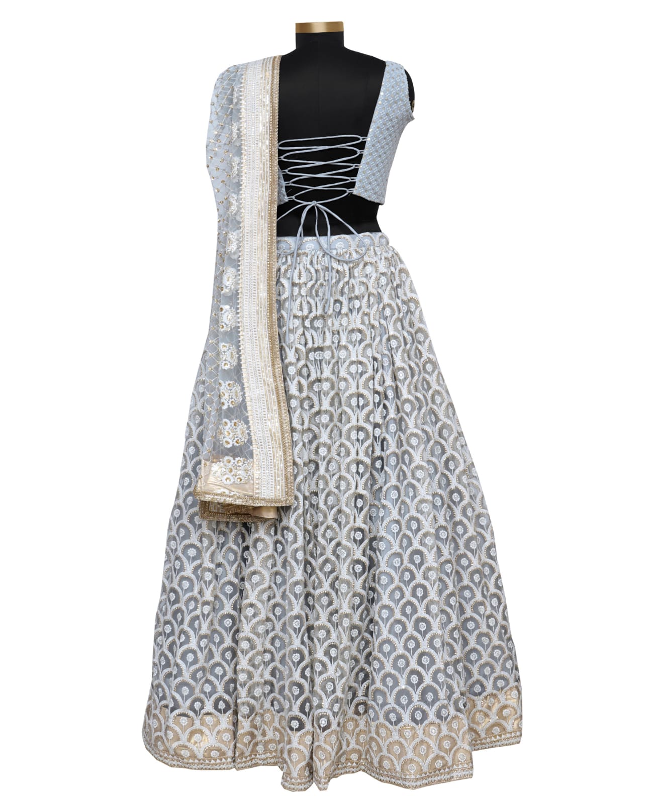 Gray Embroidered Lehenga & Blouse with Gray Tissue Finished Dupatta