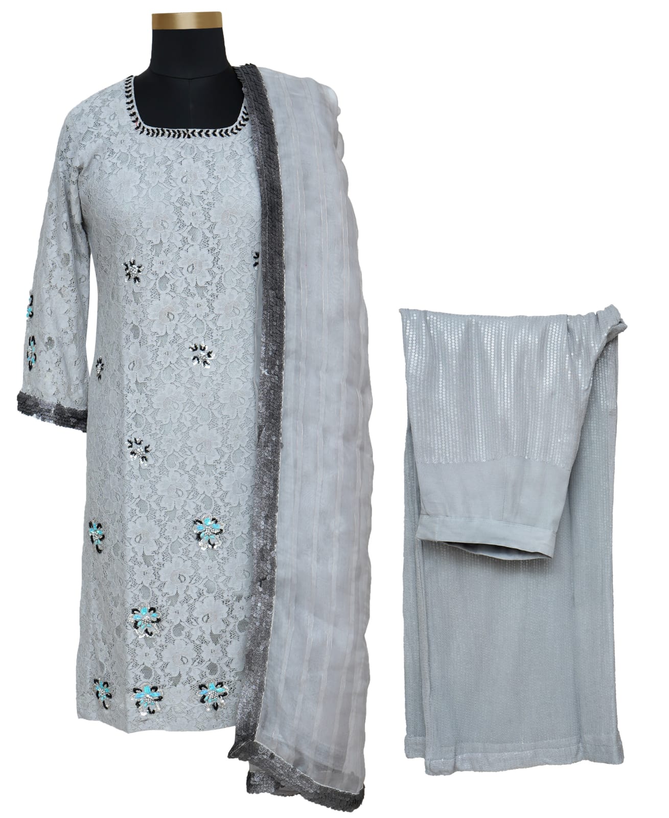 Grey Lace Fabric Hand Embroidered Suit Set Breatheenmoda