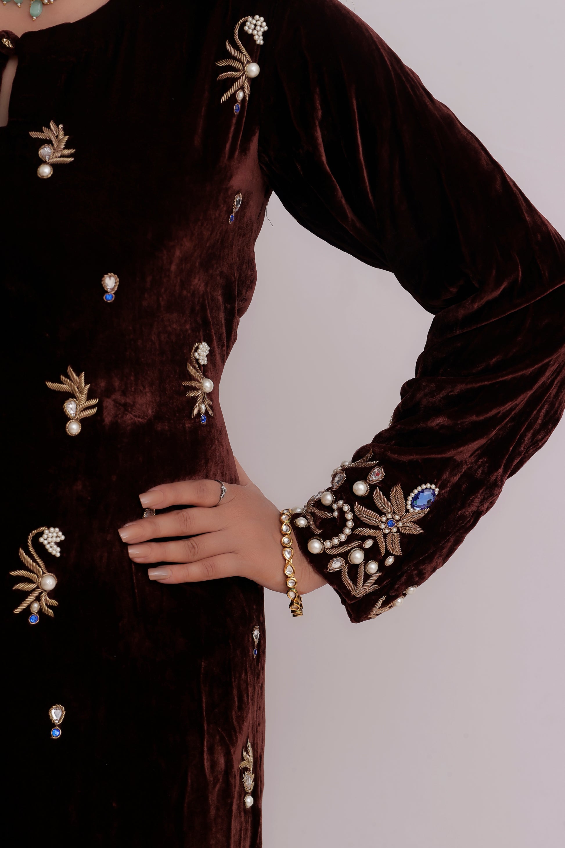 Hand Embroidered Chocolate Brown Velvet Suit Set