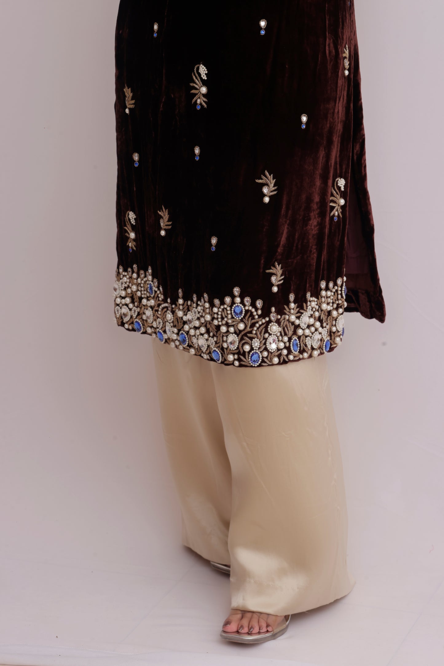 Hand Embroidered Chocolate Brown Velvet Suit Set