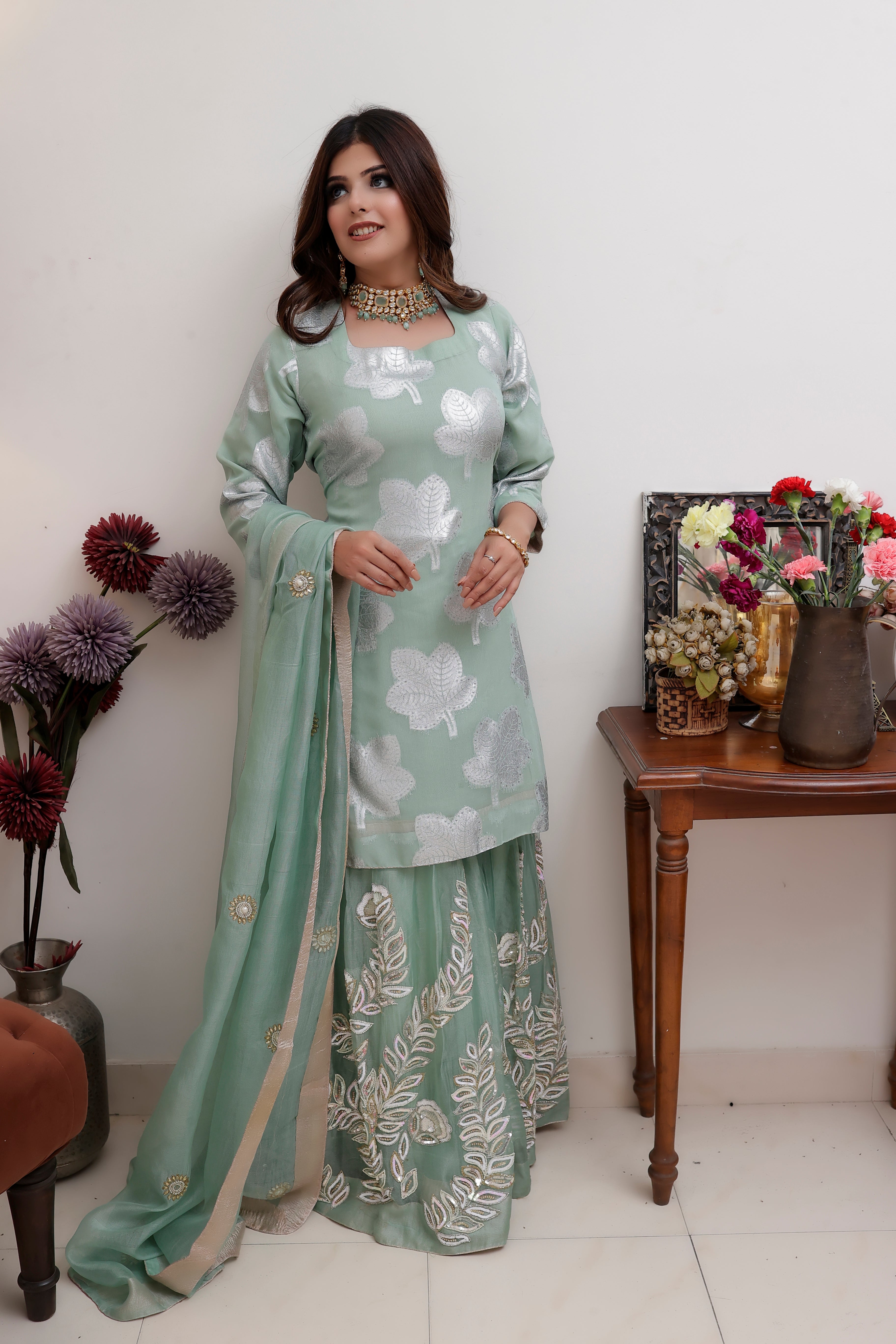 Buy Women's Green Georgette Sharara Suit Set With Net Dupatta - Label  Shaurya Sandhya Online at Best Price | Trendia