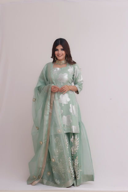 Hand Embroidered Sea Green Sharara Suit Set