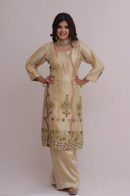 Hand Embroidered Cream Pure Silk Suit Set